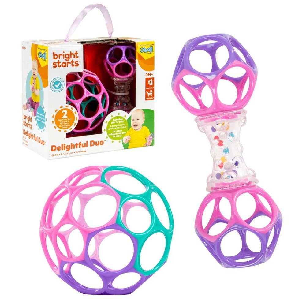 Delightful Duo 2-Pack Gift Set with Easy-Grasp Oball Rattles, Pink, Baby Toys fo